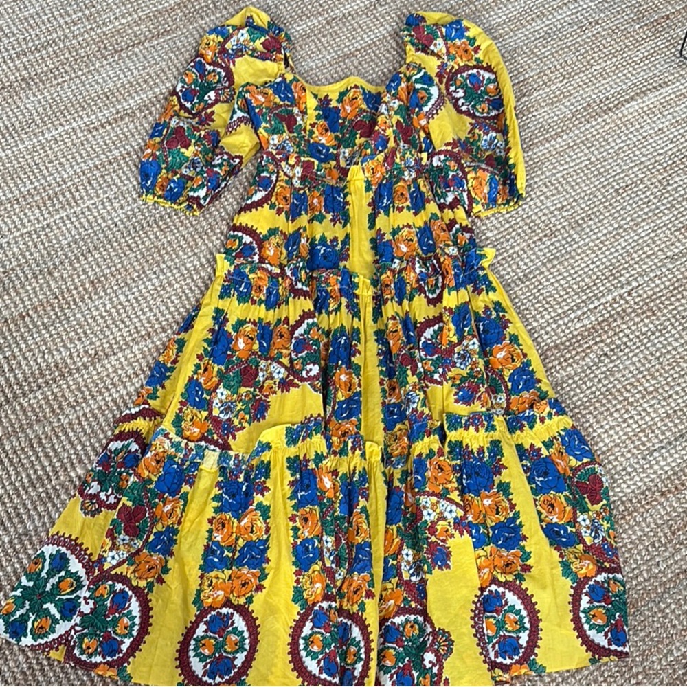 Cara Cara Yellow Floral Midi Dress with Blue & Orange Accents